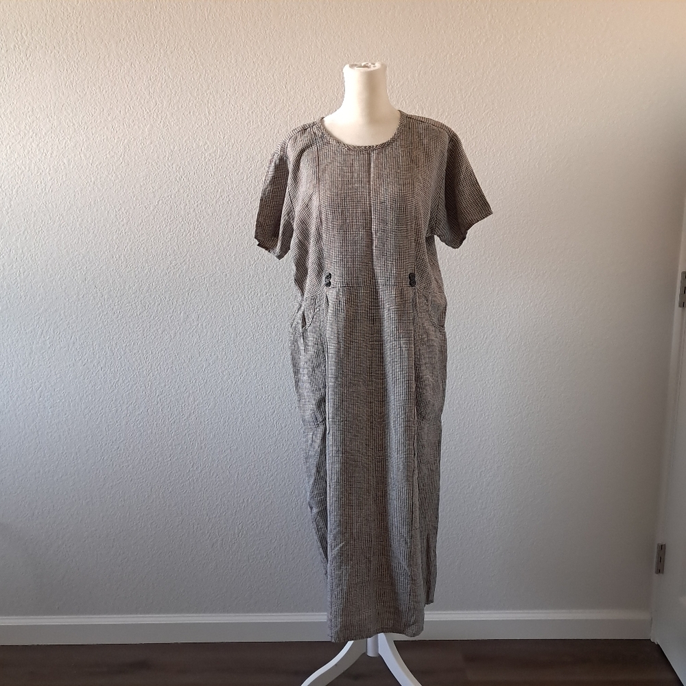 Flax Plaid 100% Linen Midi Dress